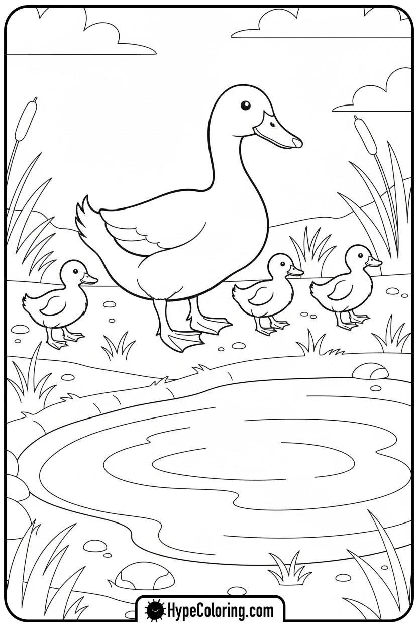 ducks-waddling-to-pond - summer coloring pages