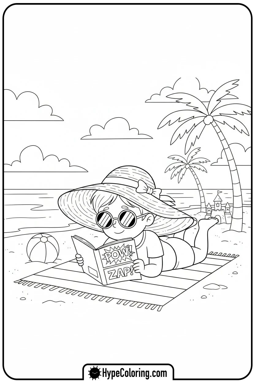 child-relaxing-and-reading-on-beach - summer coloring pages