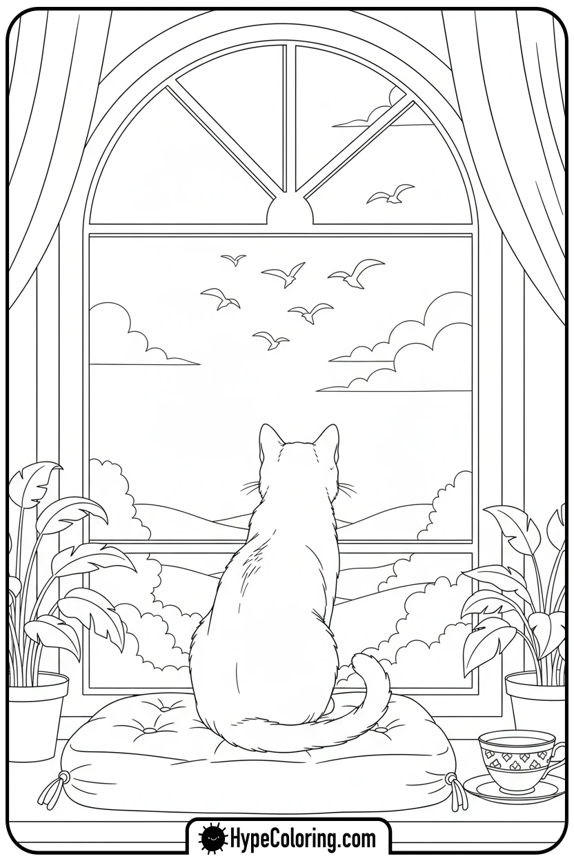 cat-on-windowsill - cat coloring pages