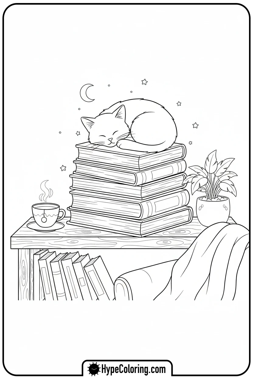 cat-sleeping-on-books - cat coloring pages