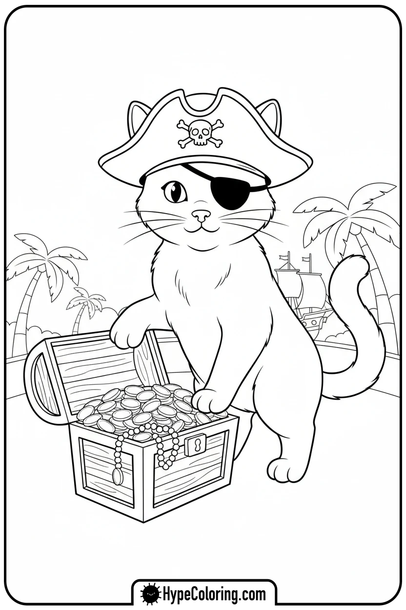 pirate-cat-with-treasure - cat coloring pages