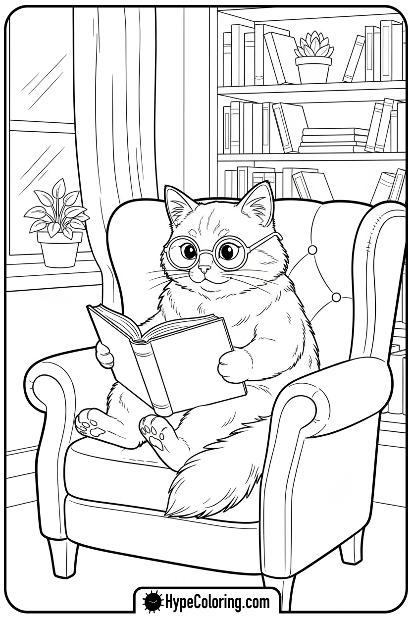 cat-reading-a-book - cat coloring pages