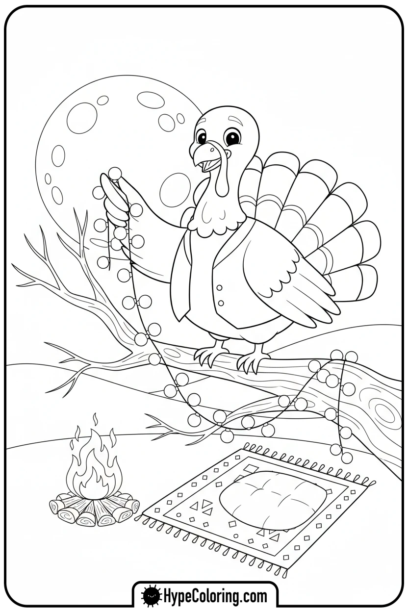 turkey-decorating-tree-with-lights - turkey coloring page