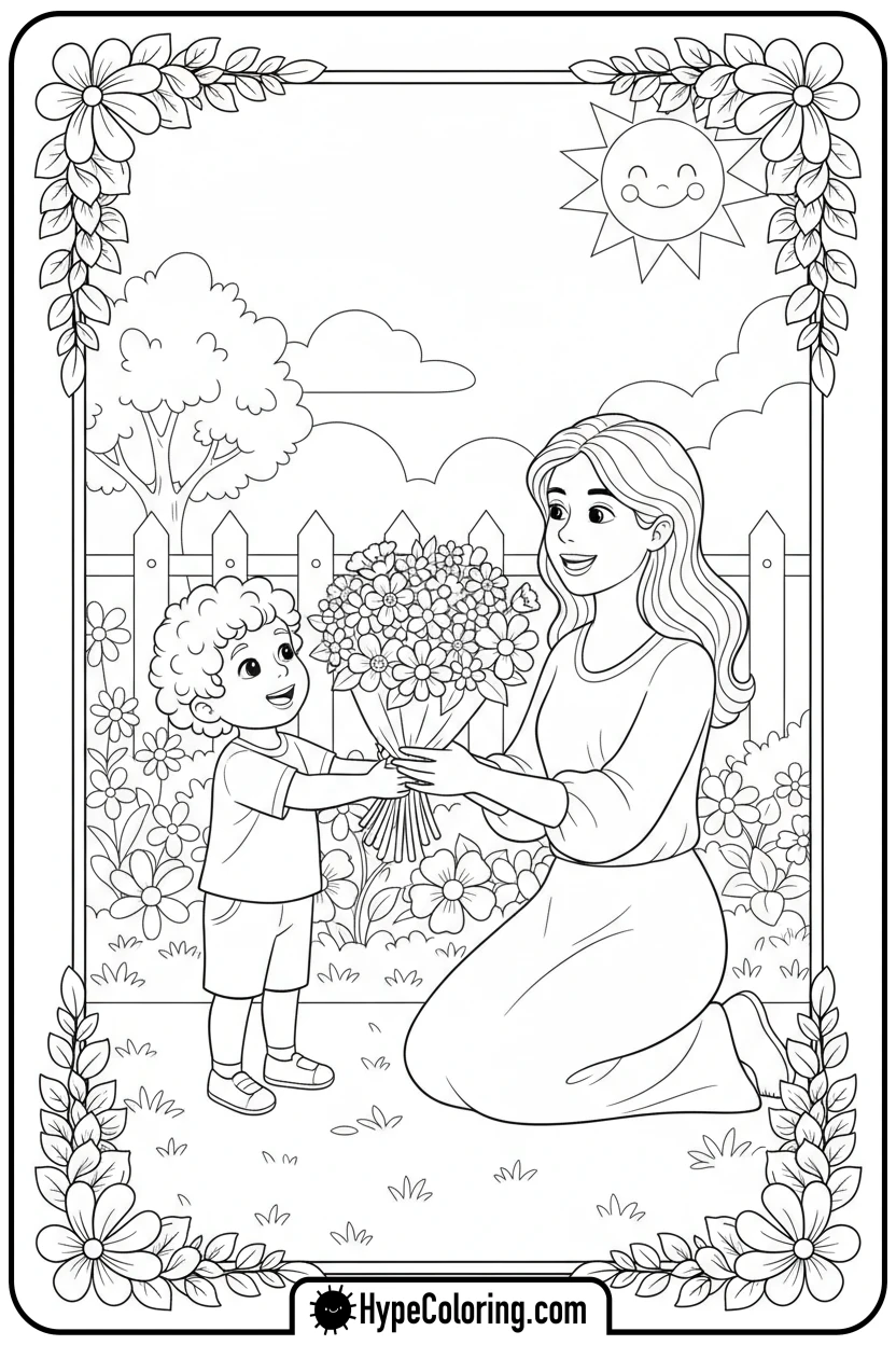 child-giving-mother-flowers - happy mothers day coloring pages