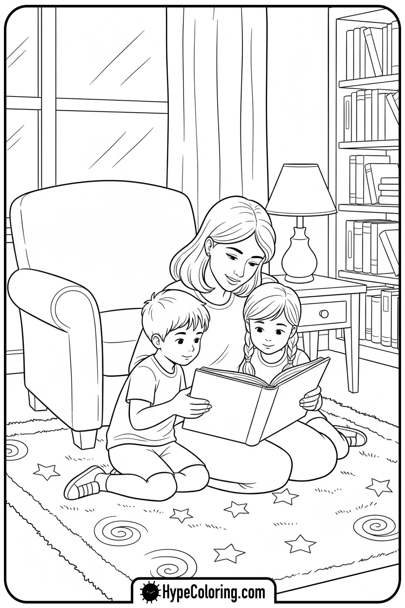 mother-reading-to-children - happy mothers day coloring pages