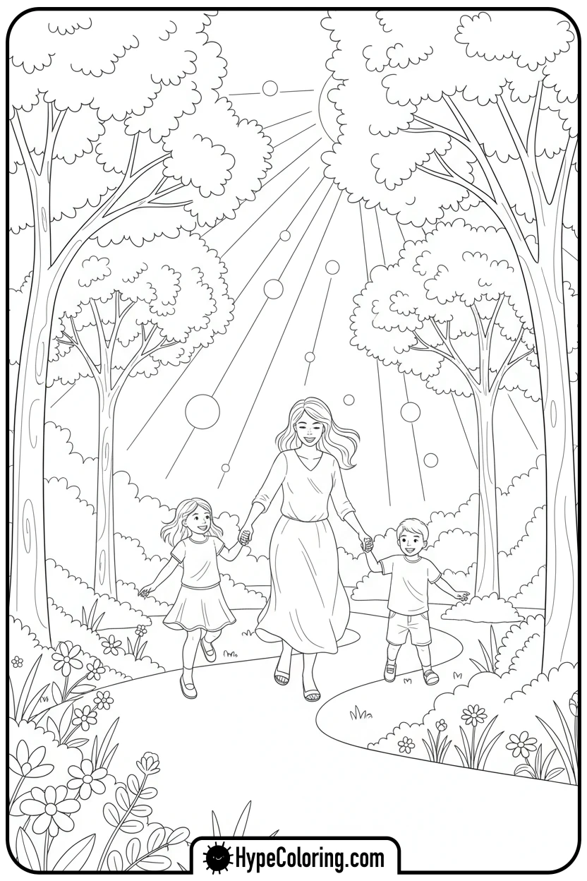 mother-and-children-skipping - happy mothers day coloring pages