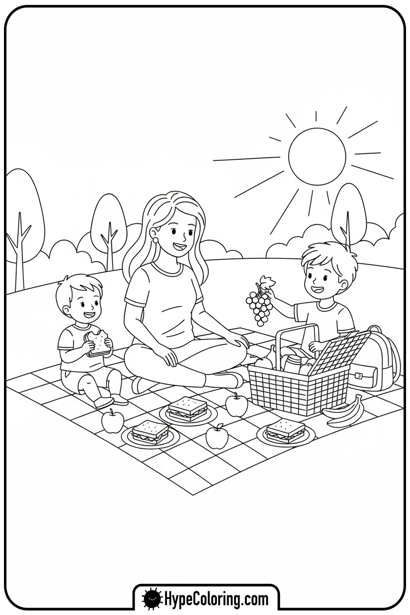 mother-and-children-picnic - happy mothers day coloring pages