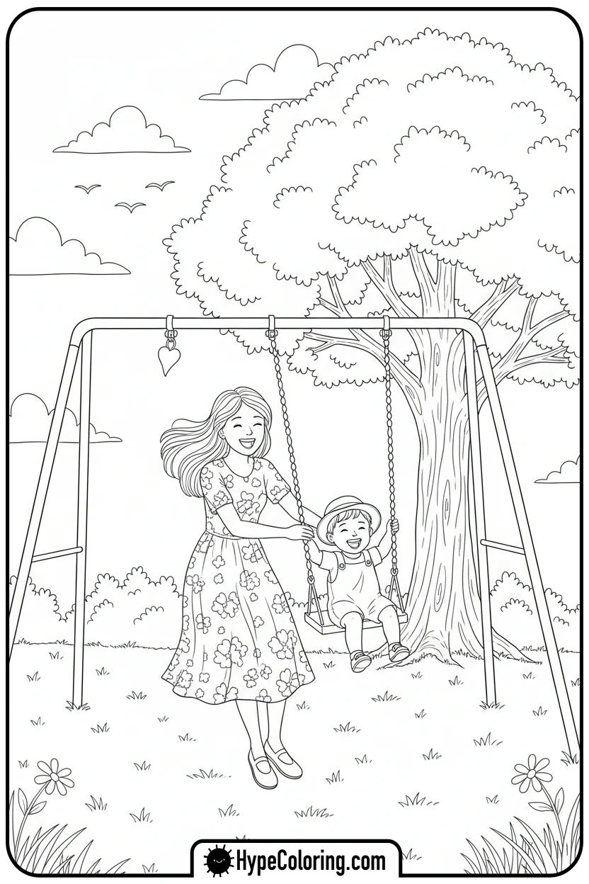 mother-pushing-child-on-swing - happy mothers day coloring pages
