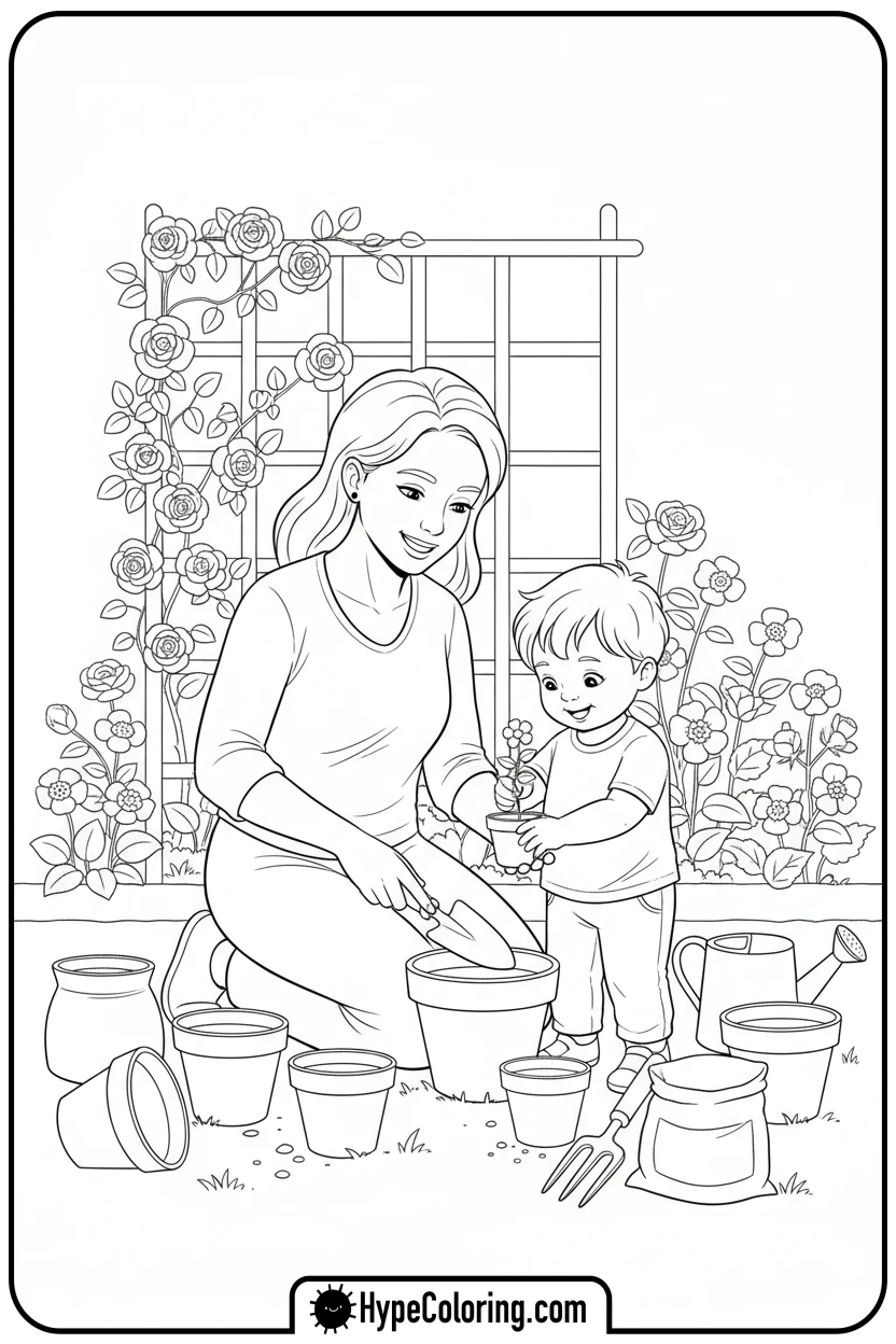 mother-and-child-gardening - happy mothers day coloring pages