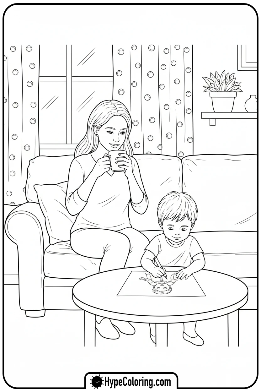 mother-relaxing-child-drawing - happy mothers day coloring pages