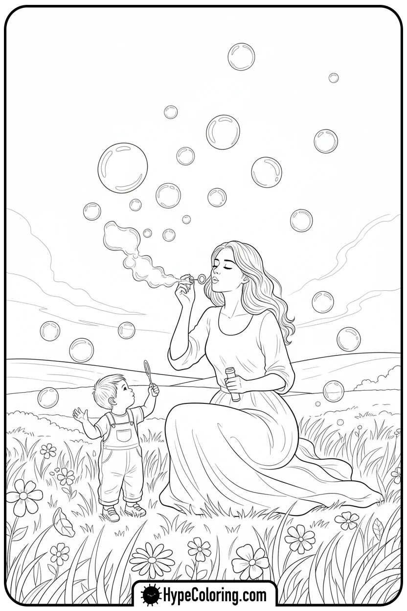 mother-and-child-blowing-bubbles - happy mothers day coloring pages