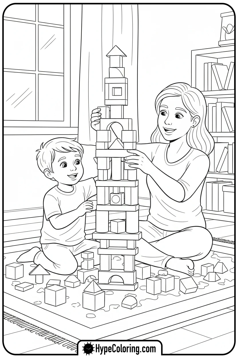mother-and-child-building-blocks - happy mothers day coloring pages