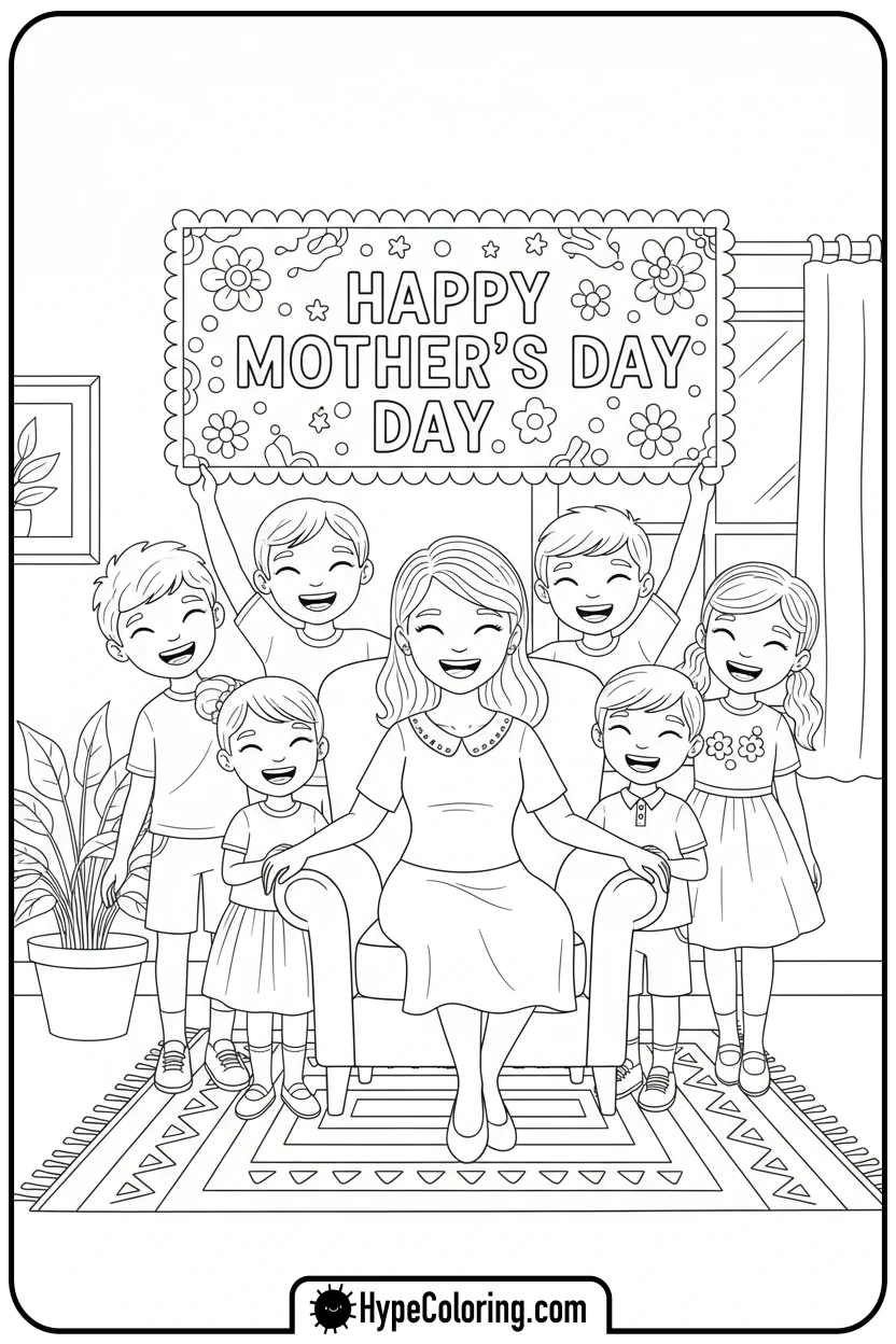 children-presenting-banner-to-mother - happy mothers day coloring pages