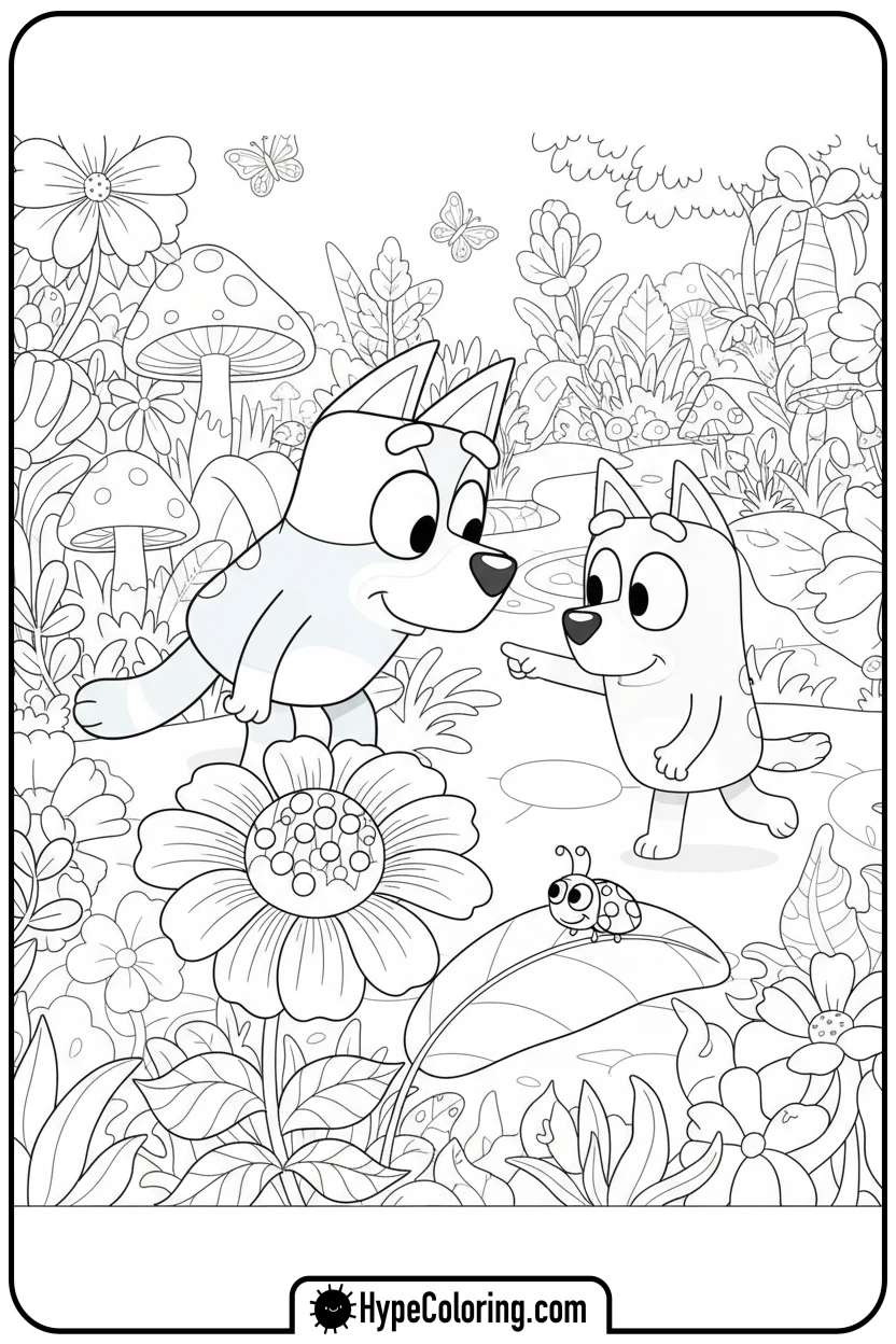 bluey-and-bingo-exploring-garden - bluey and bingo coloring pages