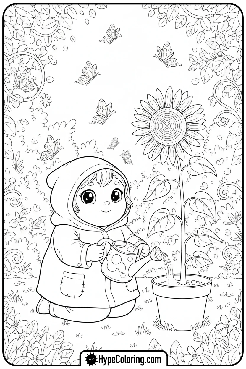 character-watering-a-sunflower - bobbie goods coloring page
