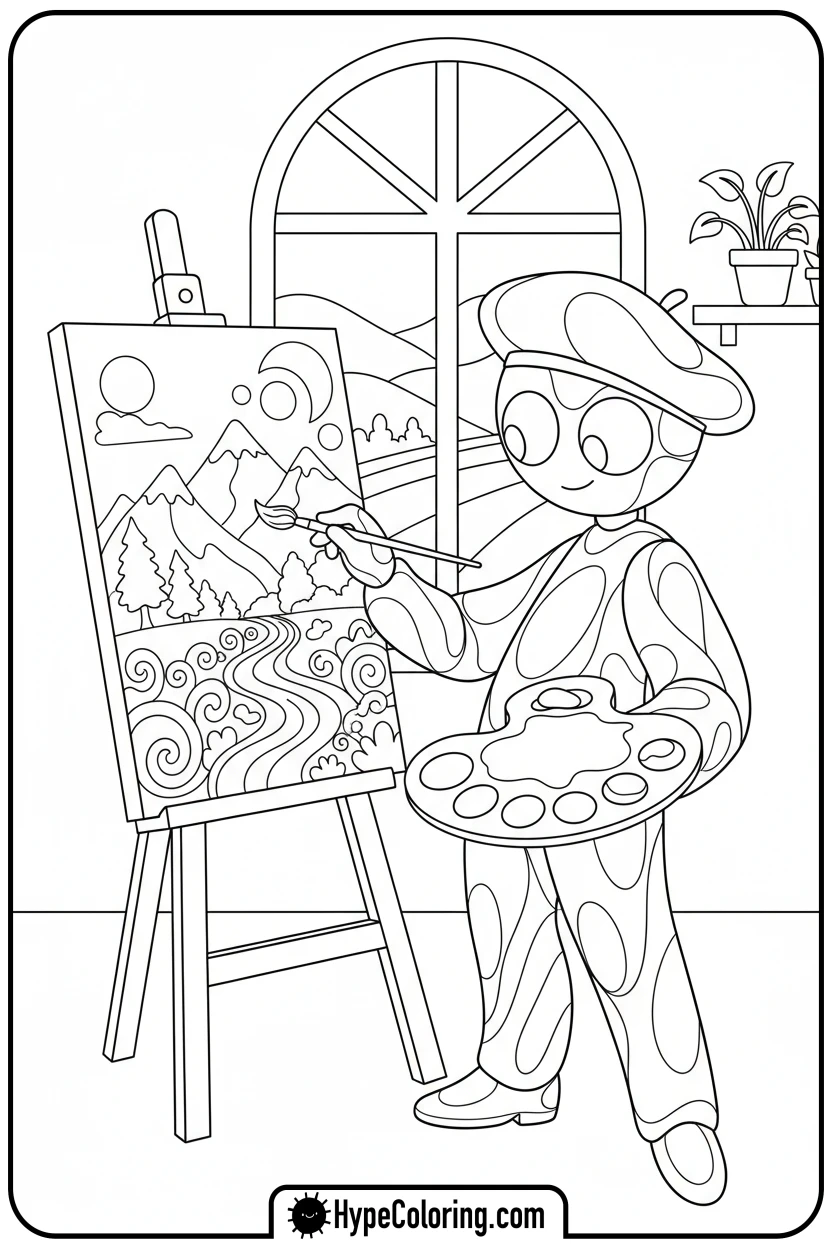 character-painting-on-an-easel - bobbie goods coloring page