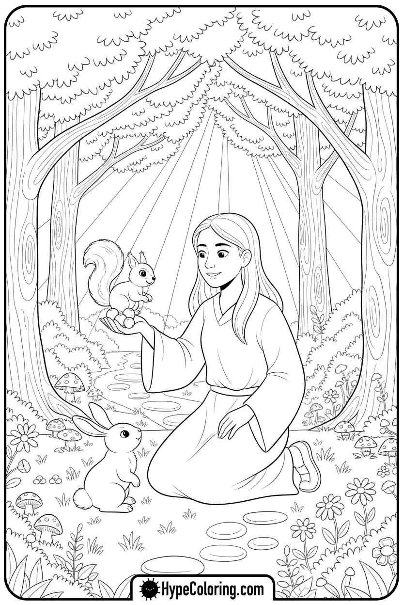 character-feeding-forest-animals - bobbie goods coloring page