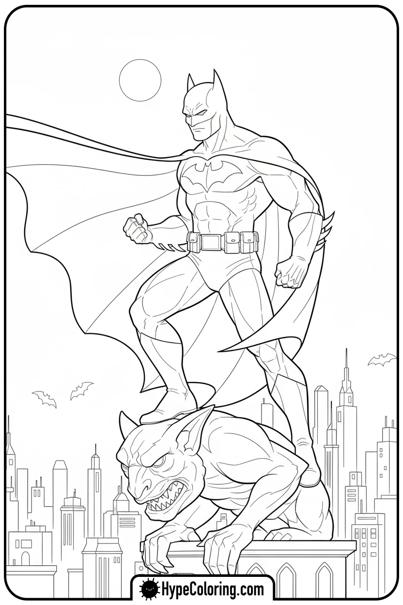 batman-on-a-gargoyle-cape-flowing - coloring batman pages