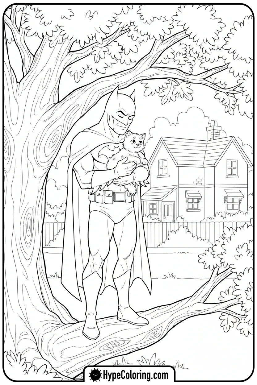 batman-rescuing-a-cat-from-a-tree - coloring batman pages