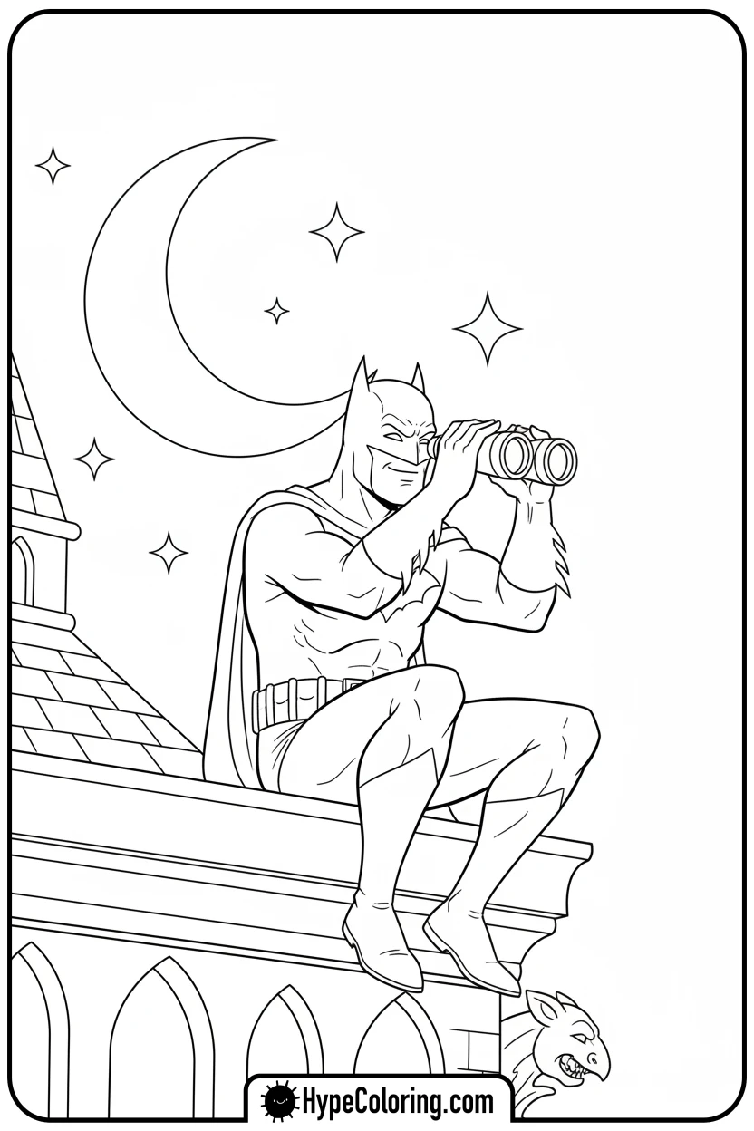 batman-using-binoculars-on-rooftop - coloring batman pages