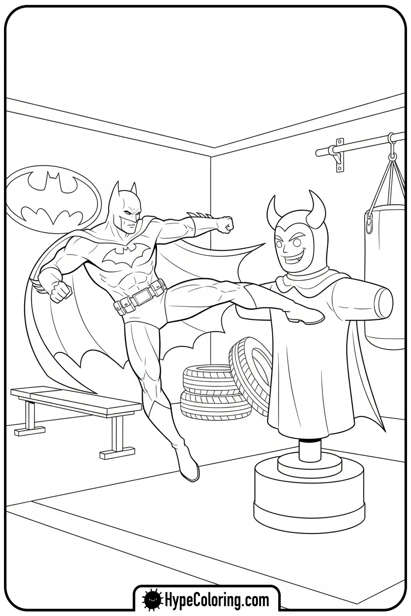 batman-kicking-training-dummy - coloring batman pages
