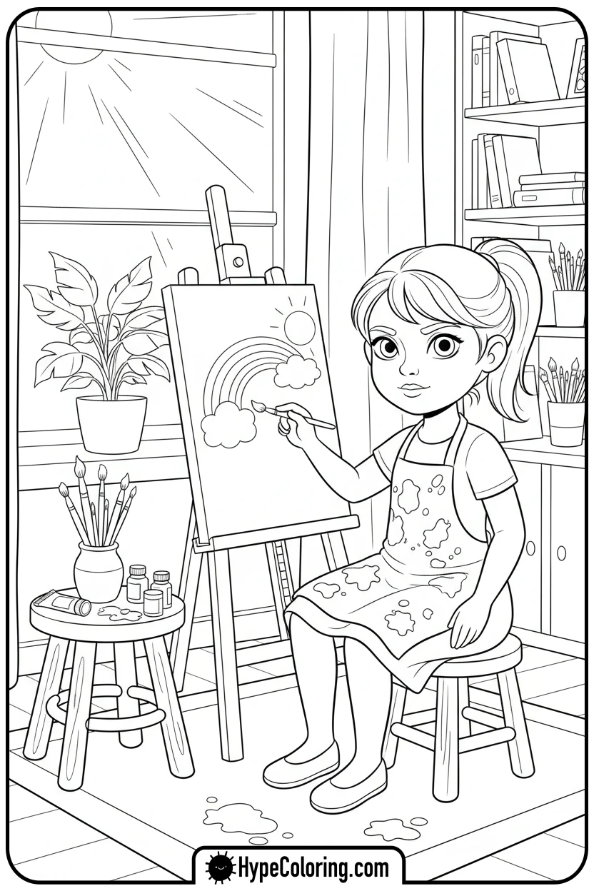 girl-painting-at-an-easel - Little Girly Corner Coloring Pages