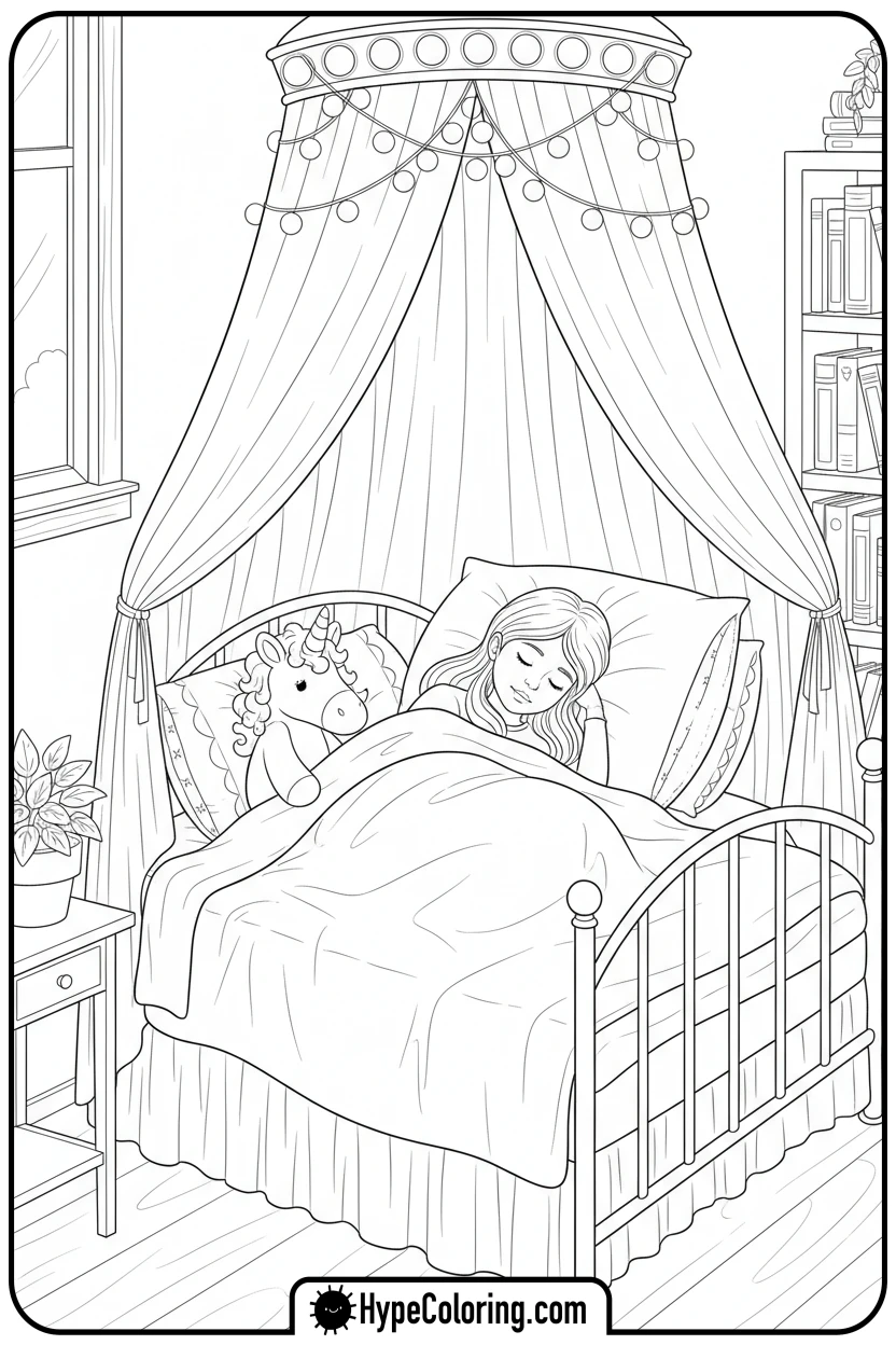 girl-sleeping-in-canopy-bed - Little Girly Corner Coloring Pages