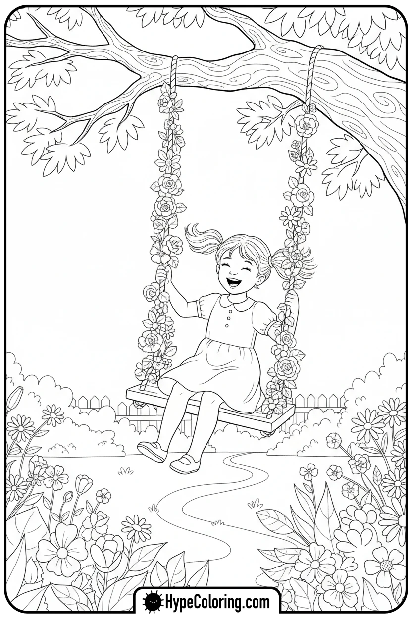 girl-swinging-on-floral-swing - Little Girly Corner Coloring Pages
