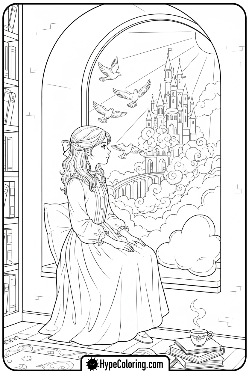 girl-looking-out-window - Little Girly Corner Coloring Pages