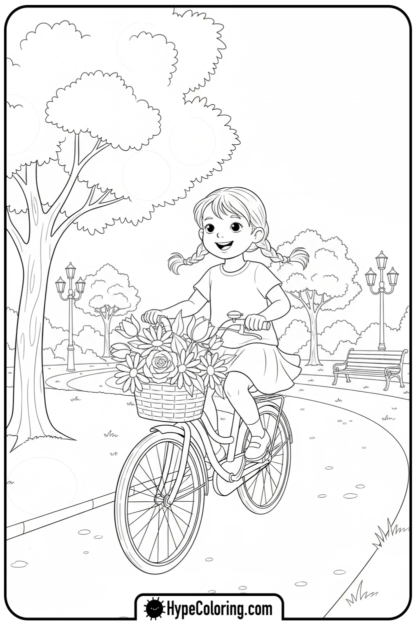 girl-riding-bicycle-with-flowers - Little Girly Corner Coloring Pages