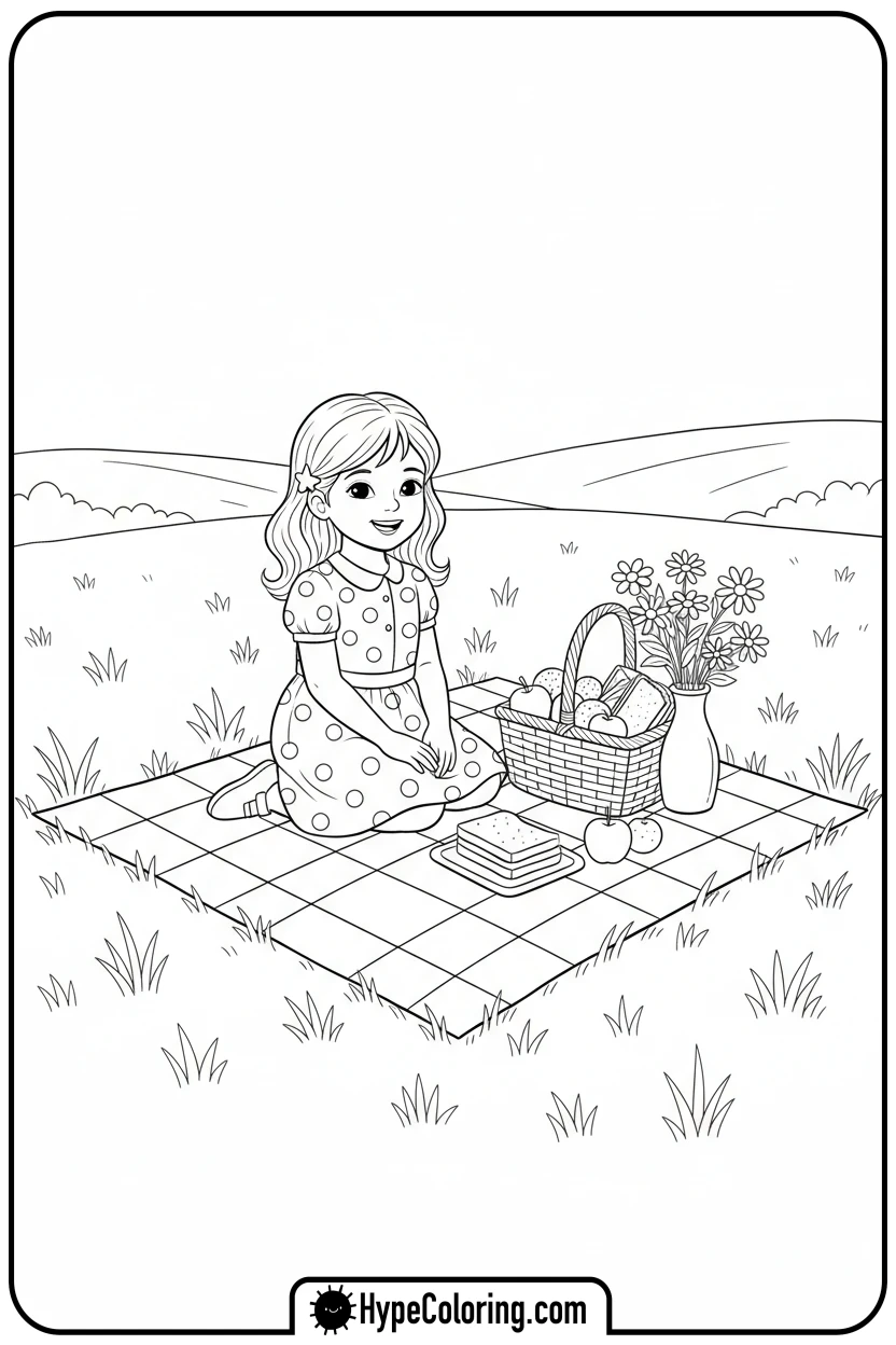 girl-picnicking-in-meadow - Little Girly Corner Coloring Pages
