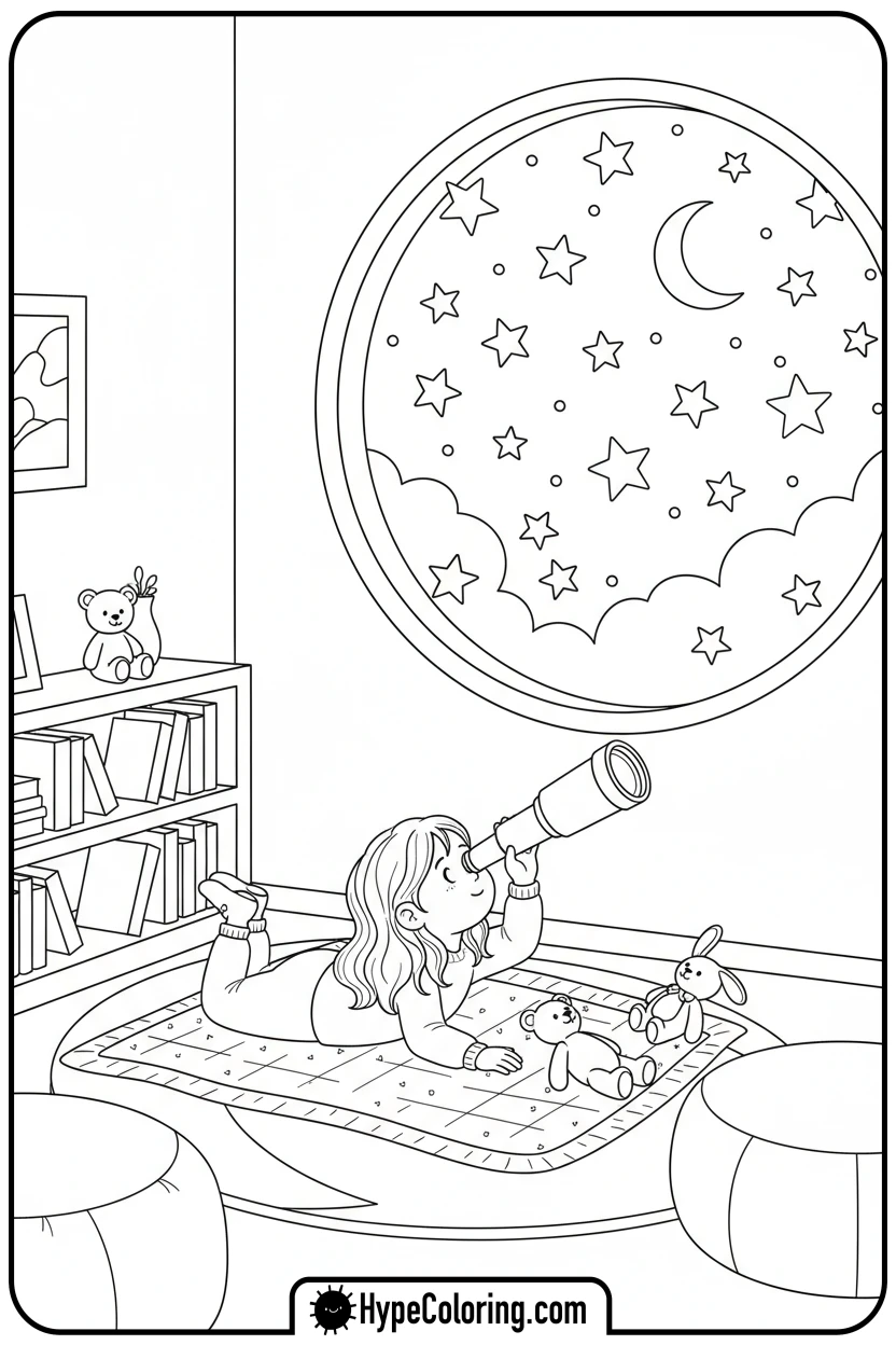 girl-stargazing-with-telescope - Little Girly Corner Coloring Pages