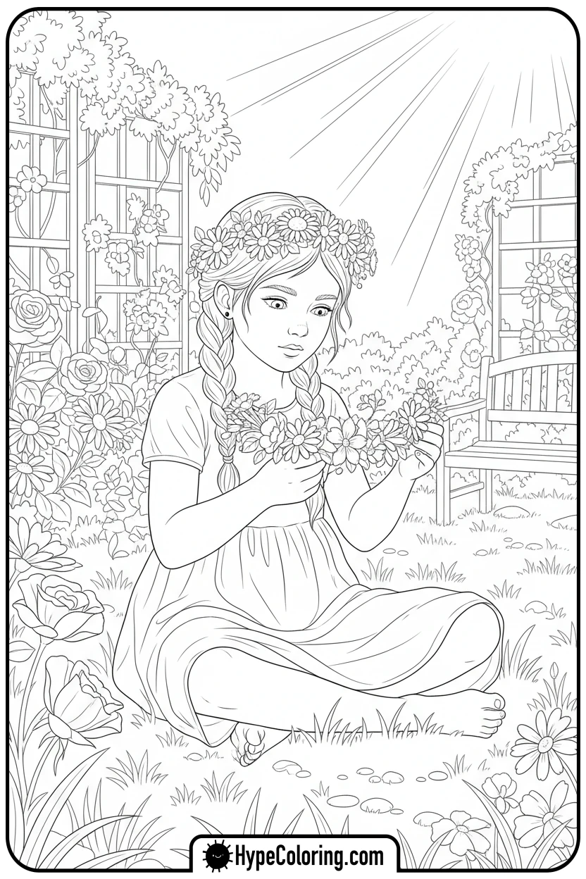girl-making-flower-crown - Little Girly Corner Coloring Pages