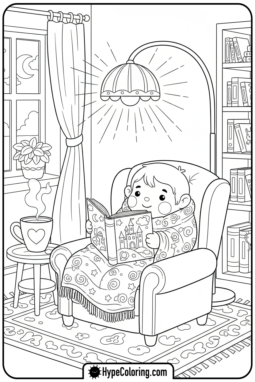 cozy-reading-in-armchair - cozy corner coloring page