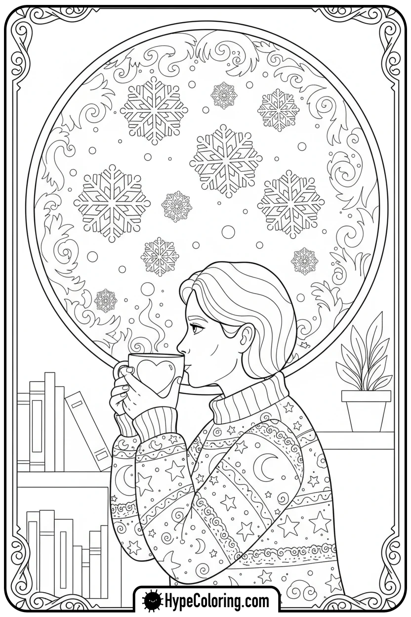 cozy-drinking-cocoa-by-window - cozy corner coloring page