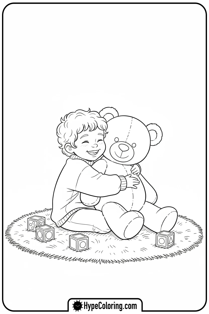 cozy-hugging-a-giant-teddy-bear - cozy corner coloring page