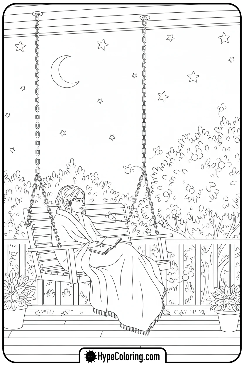 cozy-watching-fireflies - cozy corner coloring page