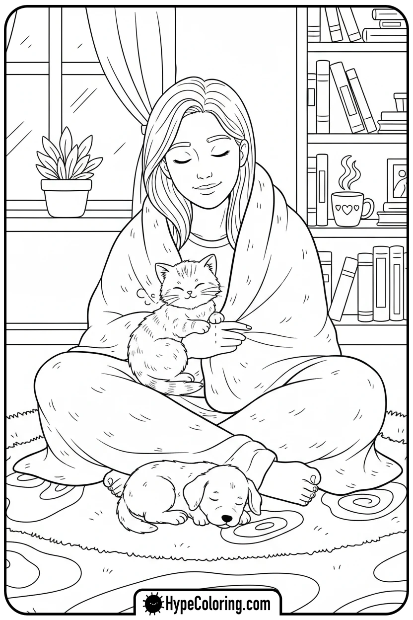 cozy-snuggled-with-pets - cozy corner coloring page