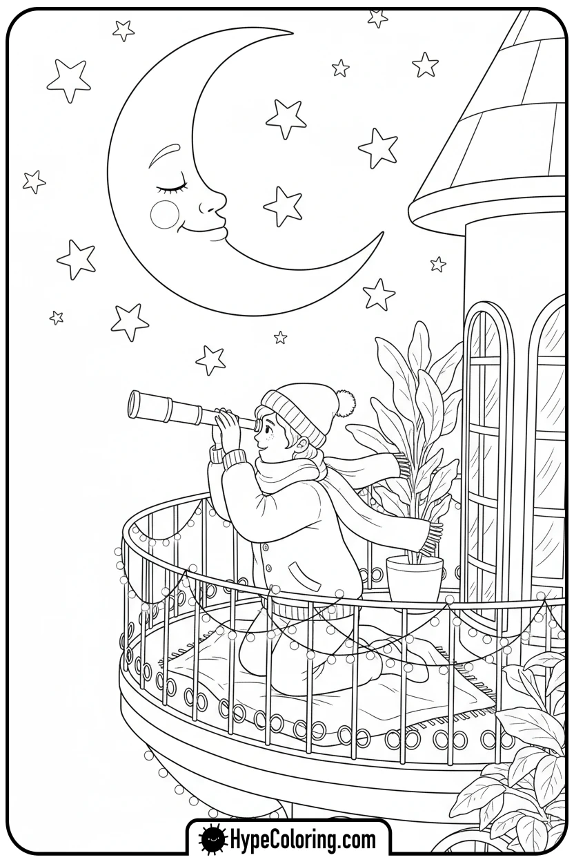 cozy-stargazing-from-balcony - cozy corner coloring page