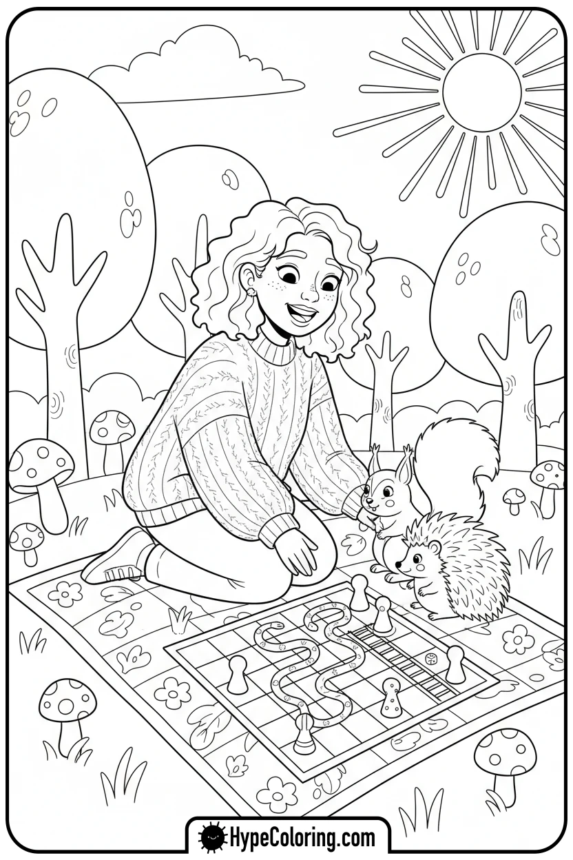 cozy-playing-board-game-with-friends - cozy corner coloring page