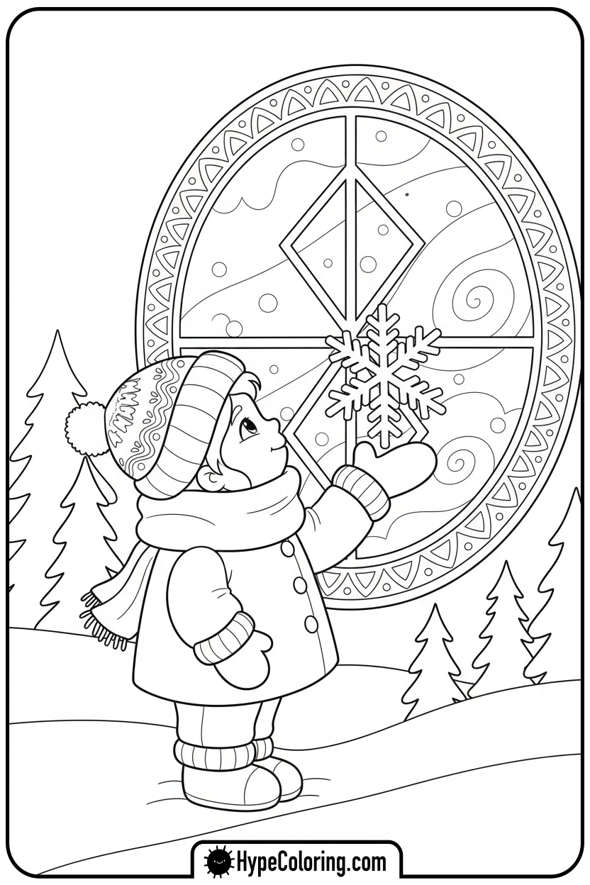cozy-admiring-a-snowflake - cozy corner coloring page