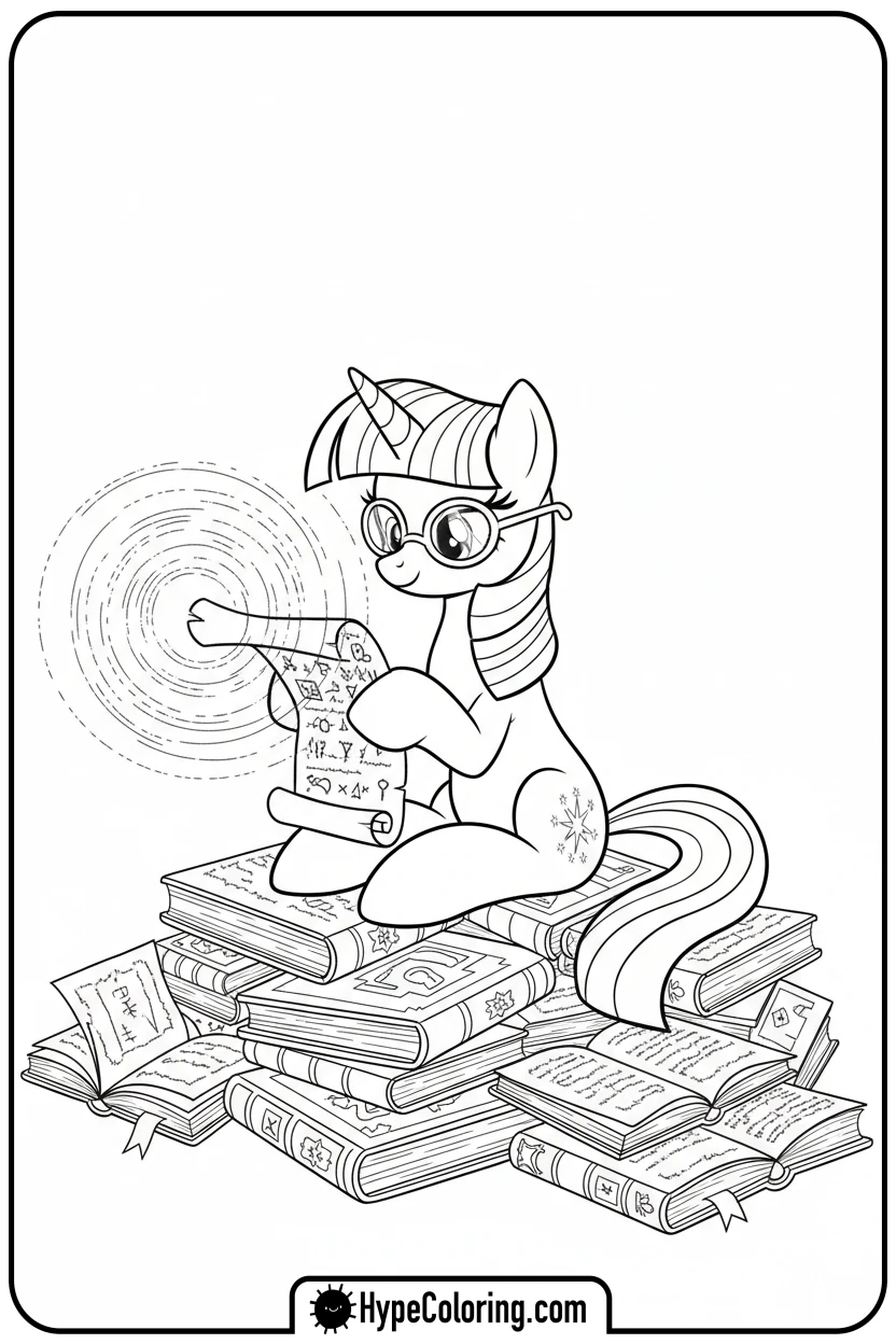 Click to download PDF twilight-sparkle-reading-on-books - My Little Pony Colouring page