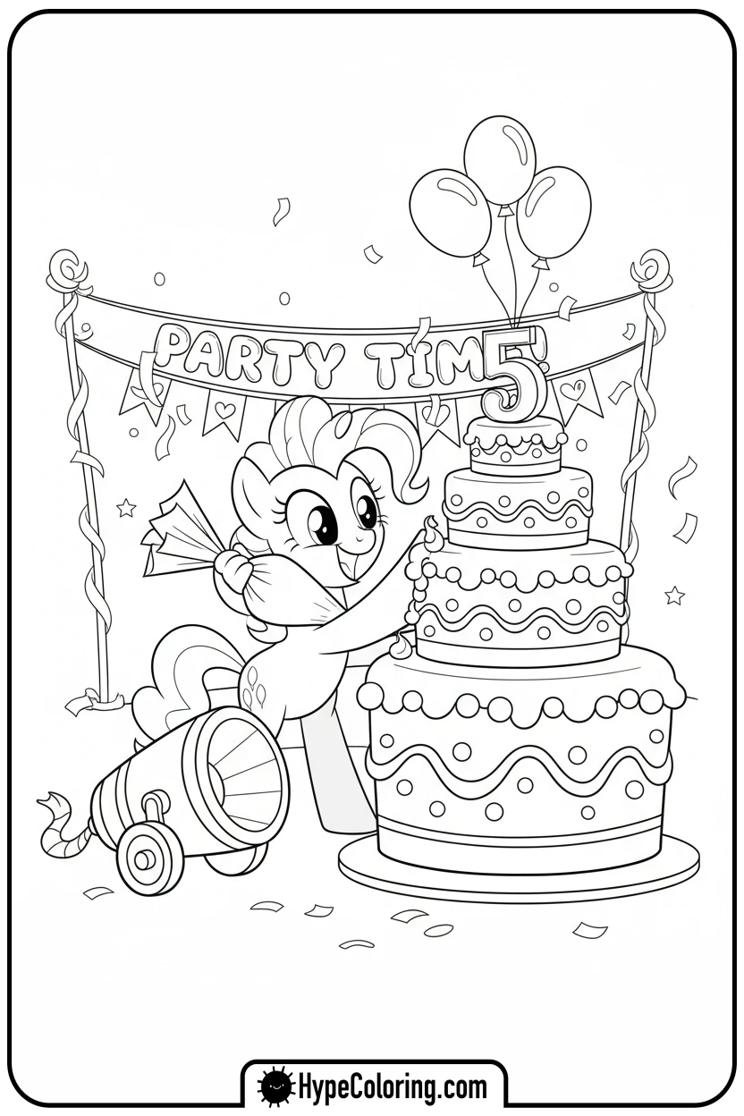 Click to download PDF pinkie-pie-decorating-a-cake - My Little Pony Colouring page