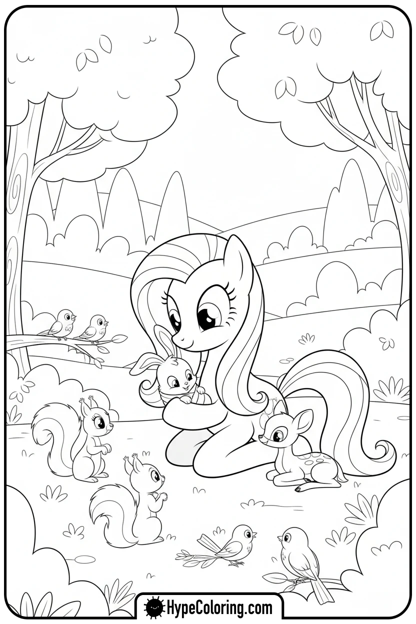 Click to download PDF fluttershy-with-forest-animals - My Little Pony Colouring page