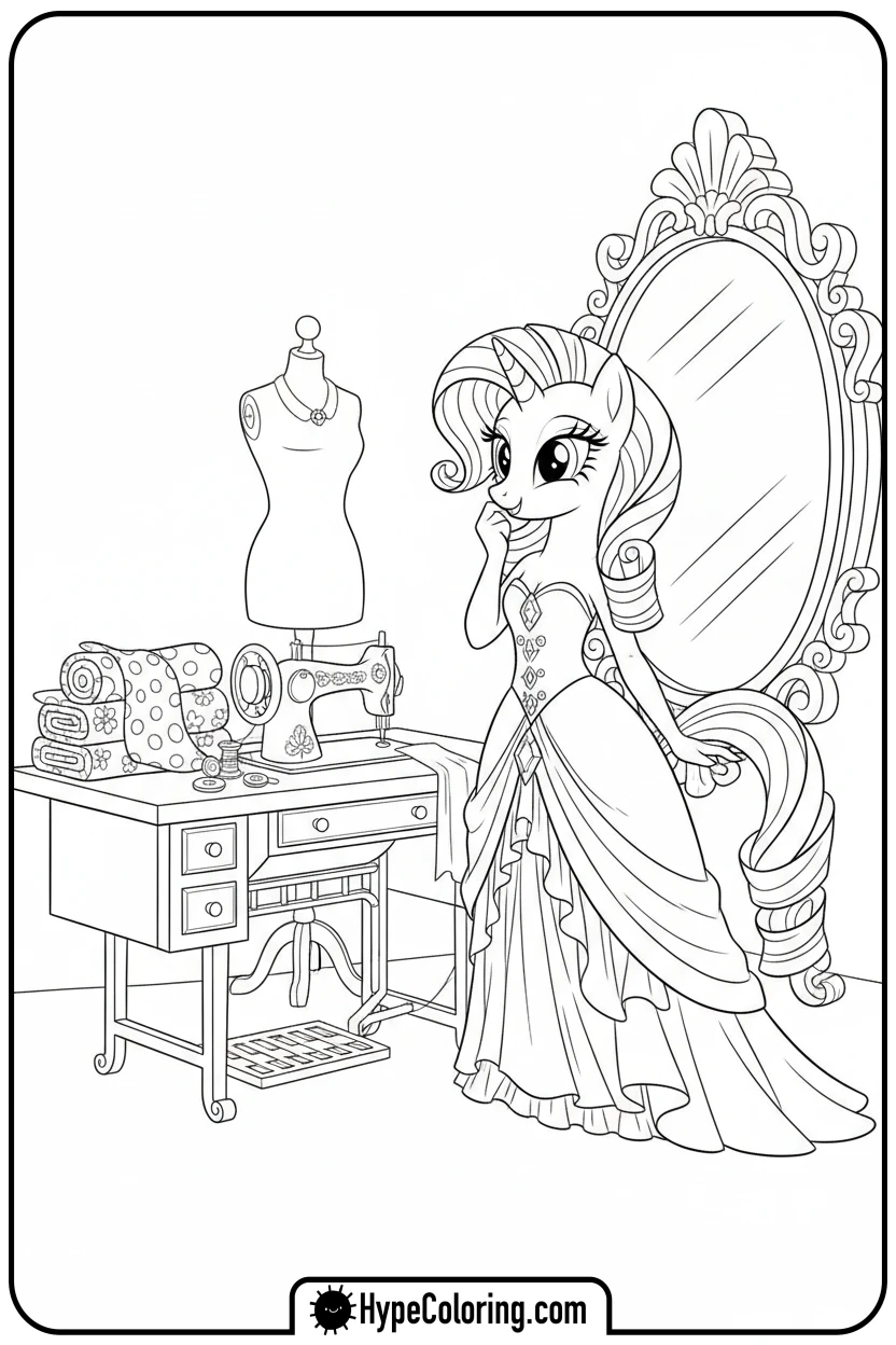 Click to download PDF rarity-admiring-a-new-dress - My Little Pony Colouring page