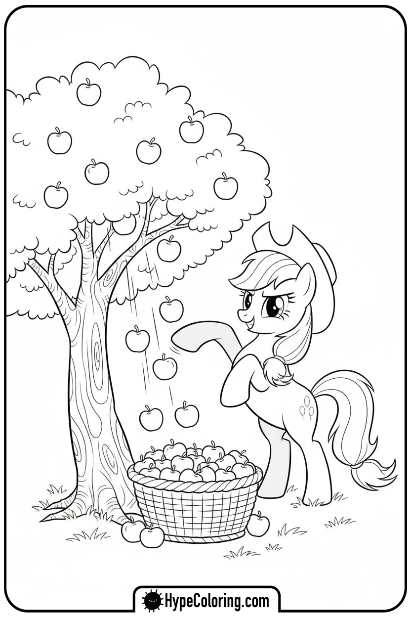 Click to download PDF applejack-bucking-an-apple-tree - My Little Pony Colouring page