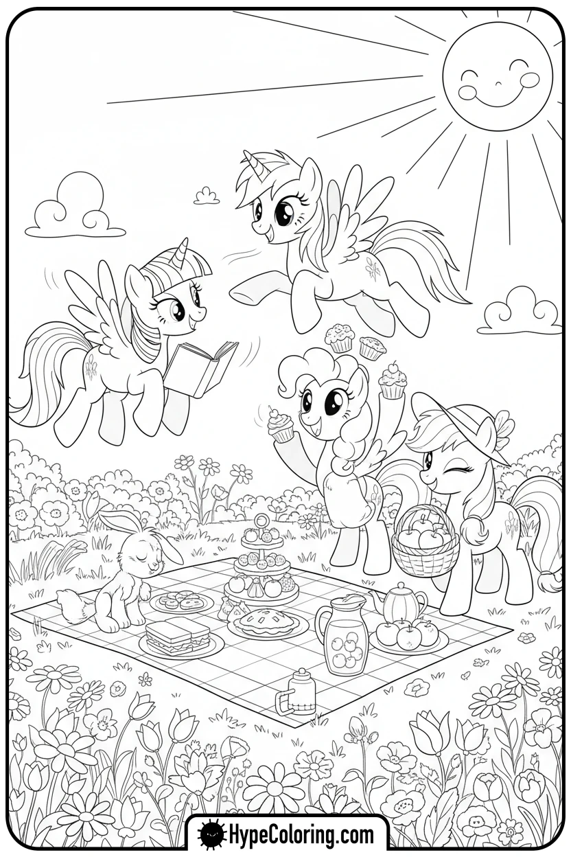 Click to download PDF mane-six-having-a-picnic - My Little Pony Colouring page