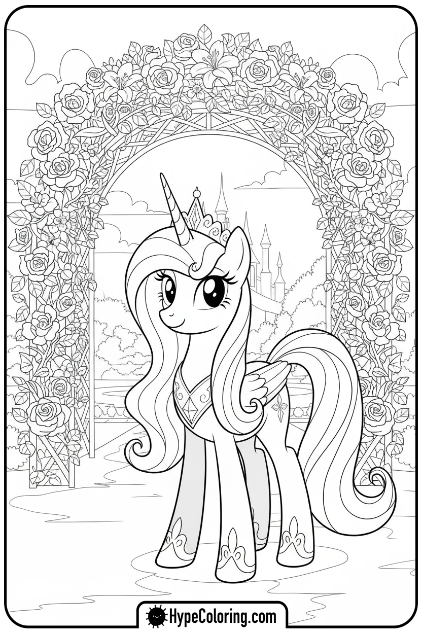 Click to download PDF princess-celestia-in-royal-garden - My Little Pony Colouring page