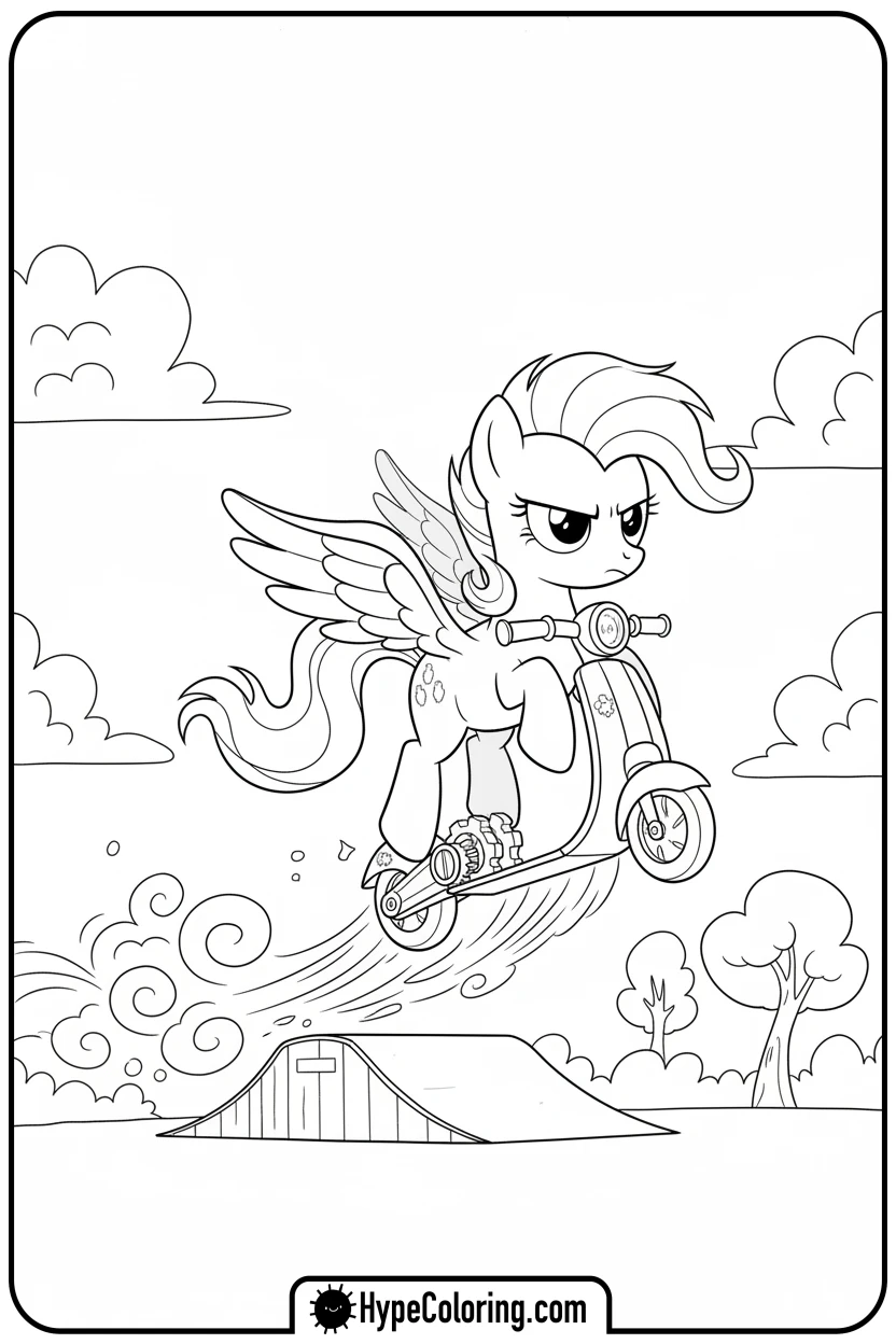Click to download PDF scootaloo-flying-on-scooter - My Little Pony Colouring page
