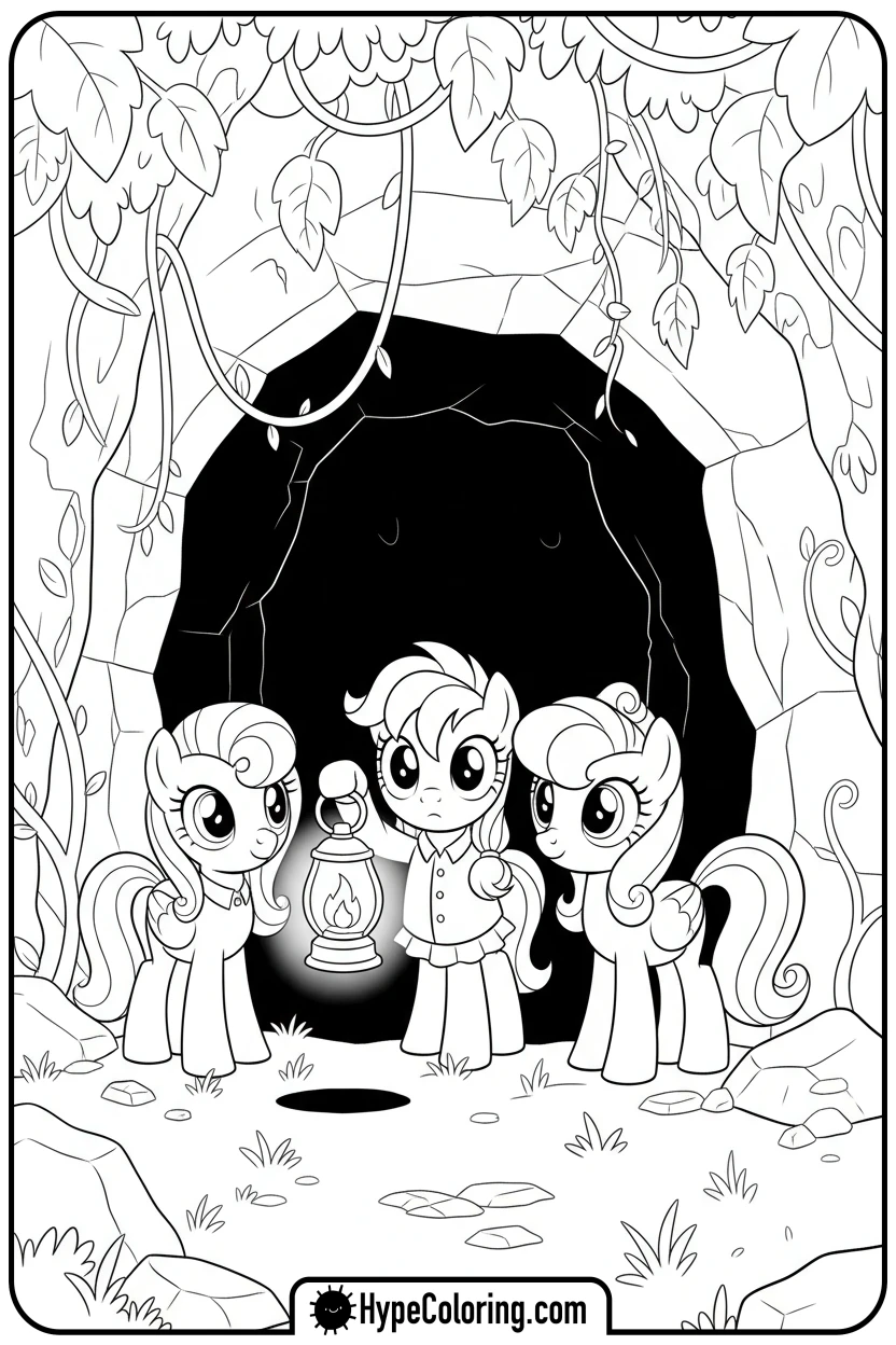 Click to download PDF cutie-mark-crusaders-exploring-cave - My Little Pony Colouring page